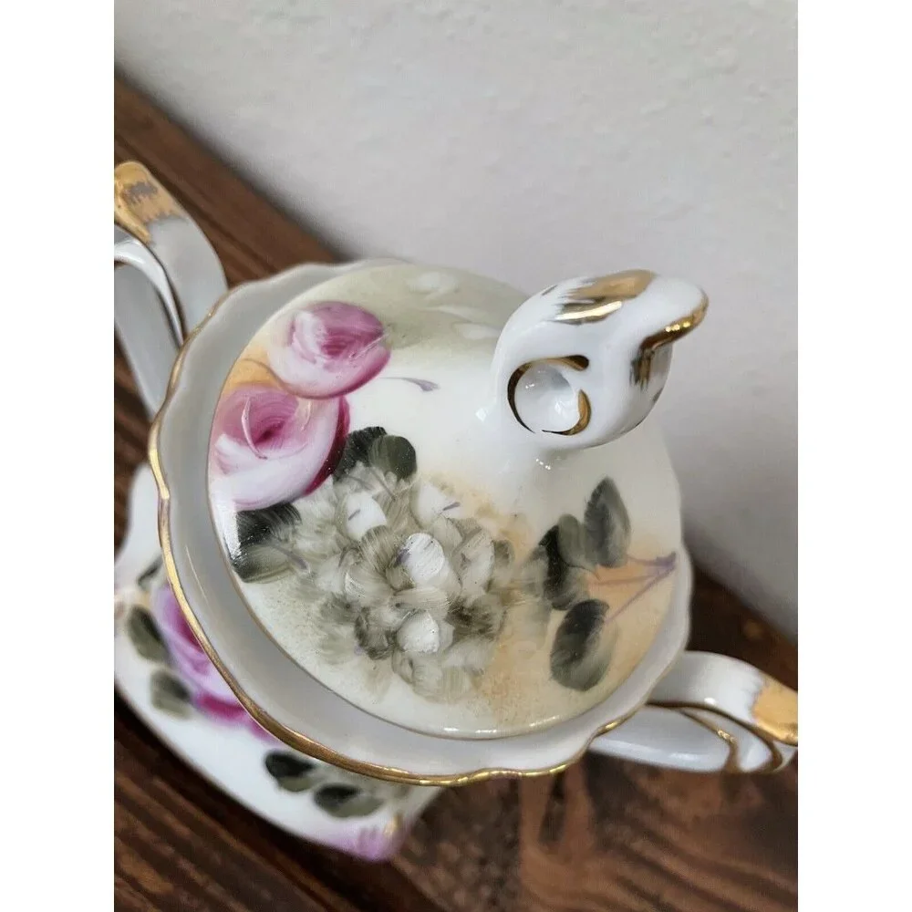 Vintage Hand Painted Nippon Sugar Bowl Jar w/ Lid, Pink Floral Ceramic